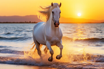 Obraz na płótnie Canvas Silhouette of horse running at beach sunset