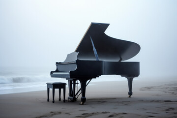 Grand piano on sandy beach with misty backdrop - obrazy, fototapety, plakaty