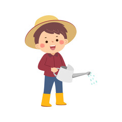Cartoon little boy holding watering can pouring water