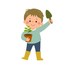 Cartoon little boy holding garden shovel and young plant in pot.