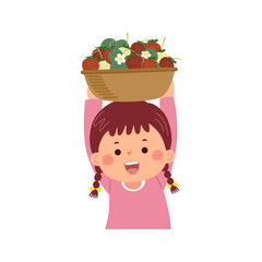 Little girl carrying basket full of ripe strawberries