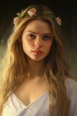 Fototapeta premium Portrait painting of a woman with long dark blonde hair, wearing flowers in her hair