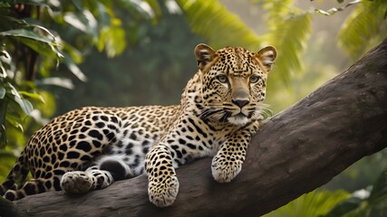 portrait of a leopard in the flower fantasy jungle , close up of a leopard,leopard resting on the tree