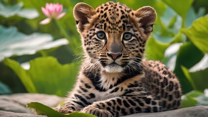 close up of a leopard , cute cub sitting in the middle of flower fantasy Jungle 
