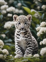 close up of a leopard , cute cub sitting in the middle of flower fantasy Jungle 
