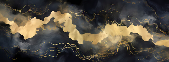 a black and gold background with swirls and swirls, in the style of fluid watercolor washes, light navy and dark gold, ethereal landscape, poured - obrazy, fototapety, plakaty