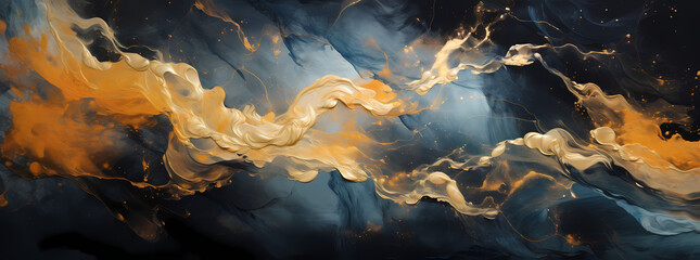 3d abstract paint splash, black, golden, and blue swirl on canvas, in the style of dark sky-blue and dark gold, translucent water, aerial view, abstraction-création, gauzy atmospheric landscapes, atmo - obrazy, fototapety, plakaty