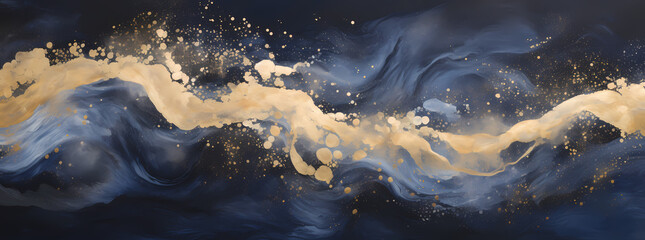 an abstract painting of gold and blue swirls with gold and black, in the style of dreamlike illustration