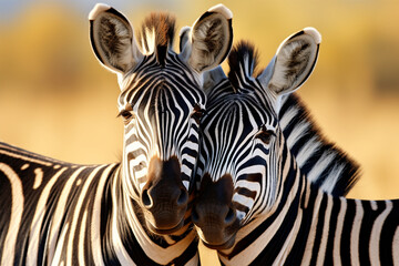a pair of zebras hugging each other