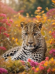 portrait of a leopard in the flower fantasy jungle , close up of a leopard,leopard resting on the tree