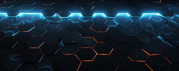 Abstract hexagonal geometric ultra wide background. Structure of lots of hexagons of carbon fiber with bright energy light breaking through the cracks. Generative AI - obrazy, fototapety, plakaty