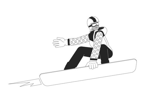 Cool black woman performing trick on snowboard black and white 2D line cartoon character. African american snowboarder isolated vector outline person. Extreme monochromatic flat spot illustration