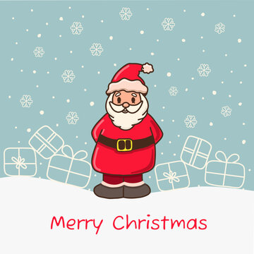 Greeting card Merry Christmas and Happy New Year with cute Santa Claus and gift boxes.