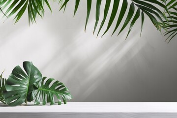 Tropical leaves over grey table casting shadow on white background, Generative AI