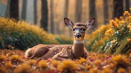 Rolgordijnen deer in the woods ,autumn theme ,cub photography, deer photo © monu