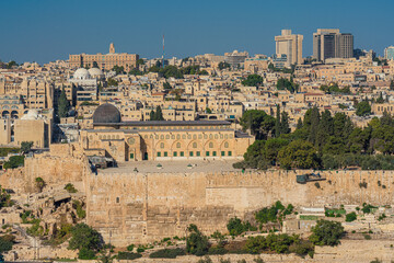 Fototapeta na wymiar View of Al-Aqsa mosque, an Islamic landmark, on the Temple Mount, Jerusalem, Israel
