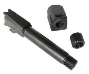 Replacement gun barrel with threading and matching muzzle brake and thread protector