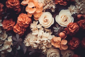 Artificial Flowers Wall for Background in vintage style, Generative AI