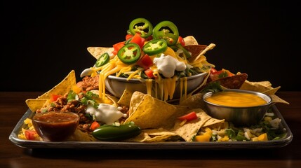 a delectable image capturing the essence of a loaded nacho platter, with layers of melted cheese