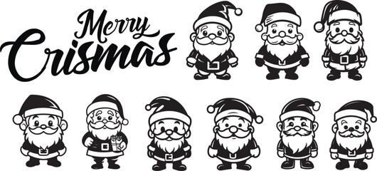 Vector Santa Claus collection. Set of cartoon funny Santa, Black and White. Chrismas collection of Santa Claus figures.