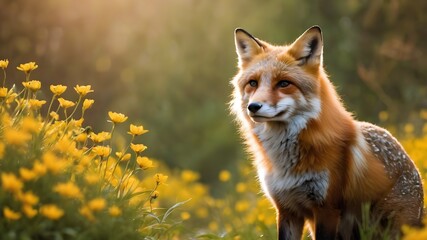 red fox vulpes in the middle of flower fantasy jungle woods