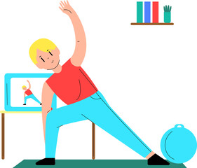 Fototapeta premium illustration of man warming up before workout at home following intructions from trainer on youtube