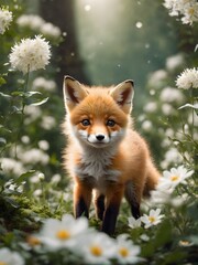 Obraz premium red fox cub in the flower jungle , portrait of fox baby