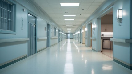 a sophisticated image of a hospital corridor, featuring well-lit hallways, polished floors, and glimpses of specialized medical departments