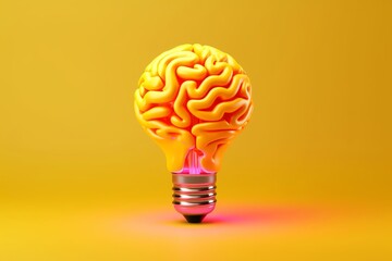 Lightbulb as brain shape yellow background, creative ideas and brainstorming concept. Generative AI