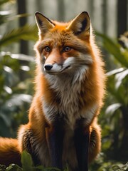 red fox portrait in fantasy jungle , beautiful box photography in the wild ,HD clear photo