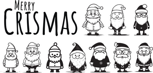 Vector Santa Claus collection. Set of cartoon funny Santa, Black and White. Chrismas collection of Santa Claus figures.