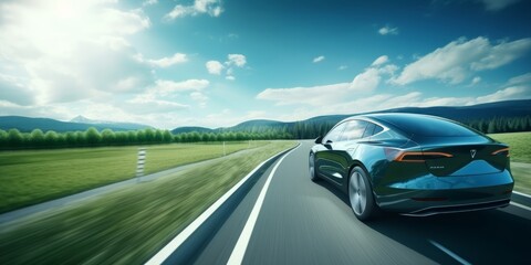 Fototapeta na wymiar Electric Car driving on the road with green nature and blue sky motion blur background. Generative AI