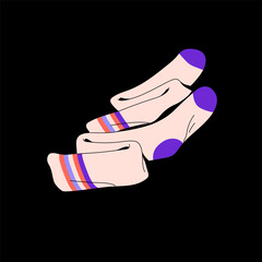 Vintage long knee socks. Retro white hosiery with bright striped. High roller skate stocking. Foot clothes, accessory for fitness, aerobics, sport. 80s, 90s fashion. Flat isolated vector illustration