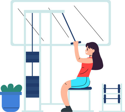 Woman pulling bar down on lat pulldown machine line cartoon animation.  Increasing back muscles 4K video motion graphic. Gym girl exercising 2D  linear animated character isolated on white background 28596026 Stock Video