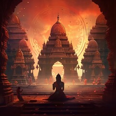 Hinduism inspired concept art. Hindu religious painting. Gods, divinities, colorful geometric shapes with cinematic light and epic set-up. Religious celebration, spirituality, Generative AI - obrazy, fototapety, plakaty