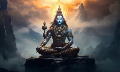 AI generated image of Hindu god Shiva, meditating on Mount Kailasa in the Himalayas, Generative AI