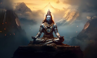 AI generated image of Hindu god Shiva, meditating on Mount Kailasa in the Himalayas, Generative AI - obrazy, fototapety, plakaty