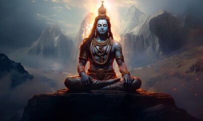AI generated image of Hindu god Shiva, meditating on Mount Kailasa in the Himalayas, Generative AI