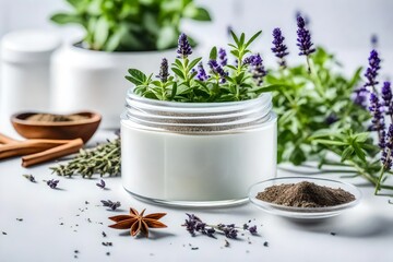 natural ointment with spices lavender bloom with white surface