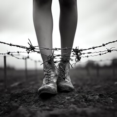 a person's legs and boots on a barbed wire fence - obrazy, fototapety, plakaty
