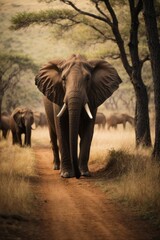 Fototapeta na wymiar A flock of elephants in the wild in Savannah, Safari, Africa.
