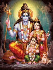 Indian God Shiva Family with decorated background, Generative AI