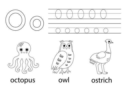 Trace uppercase and lowercase letter O. Animal alphabet for kids.