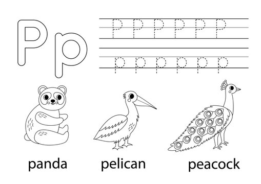 Trace uppercase and lowercase letter P. Animal alphabet for kids.