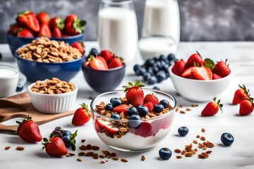 bowl with granola, yogurt, new strawberries on white table