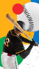 Man, baseball player standing in position, hitting ball with wooden bat over colorful background. Contemporary art collage. Concept of professional sport, competition, achievement, motion. Poster