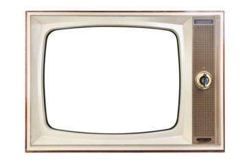 Old 1970s TV with white screen isolated on white background. Vintage TVs 1960s 1970s 1980s 1990s 2000s.