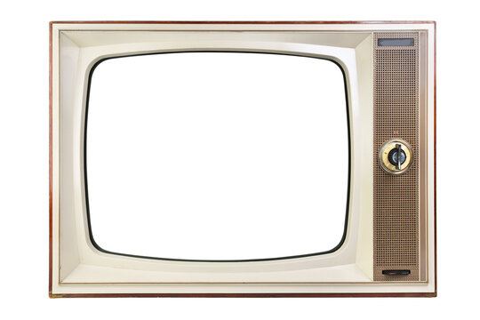 Old 1970s TV with white screen isolated on white background. Vintage TVs 1960s 1970s 1980s 1990s 2000s.