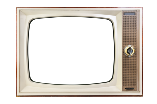 Old 1970s TV with white screen isolated on white background. Vintage TVs 1960s 1970s 1980s 1990s 2000s.