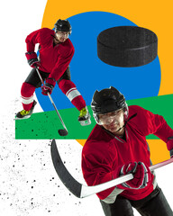 Mature man, hockey player, coach in motion in uniform during game over colorful background....